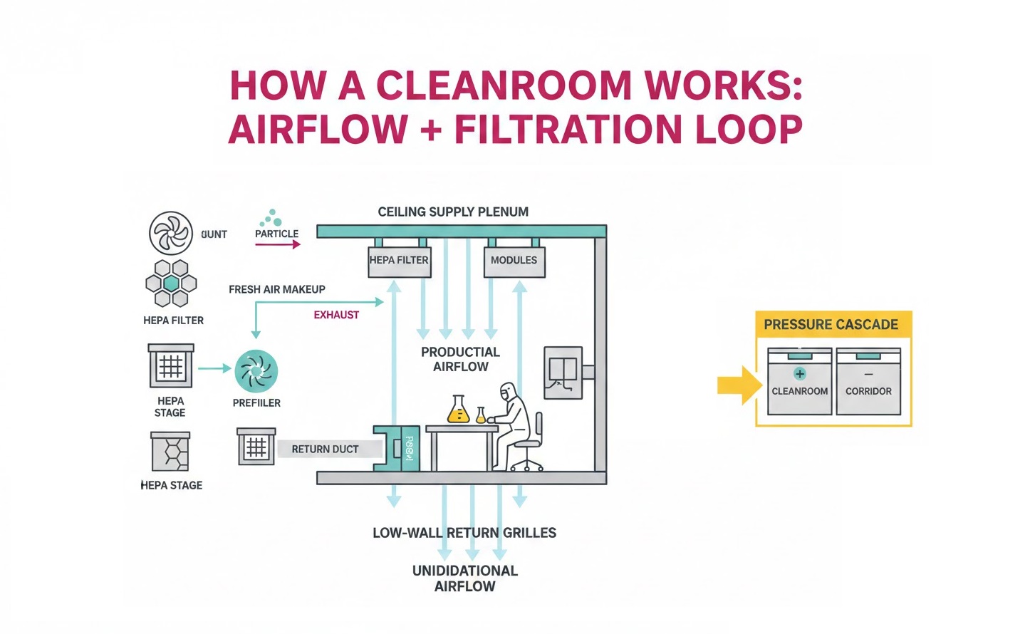 Follow the air: supply → HEPA → clean zone → return → filter again.