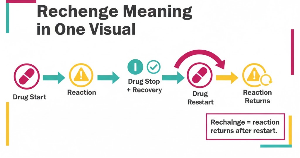 Restart → reaction returns. That’s rechallenge in one clean timeline.
