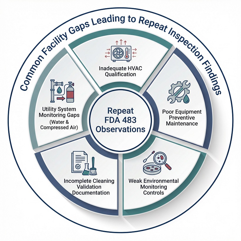Circular infographic illustrating common pharmaceutical facility gaps leading to repeat FDA inspection findings, including HVAC qualification, preventive maintenance, environmental monitoring, cleaning validation, and utility system controls.