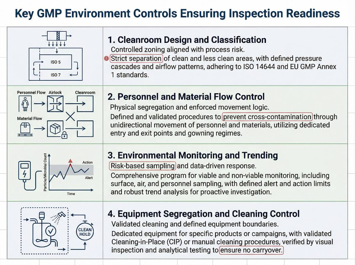 Infographic showing key GMP environmental controls that ensure inspection readiness, including HVAC systems, pressure control, environmental monitoring, and contamination prevention measures in pharmaceutical facilities.
