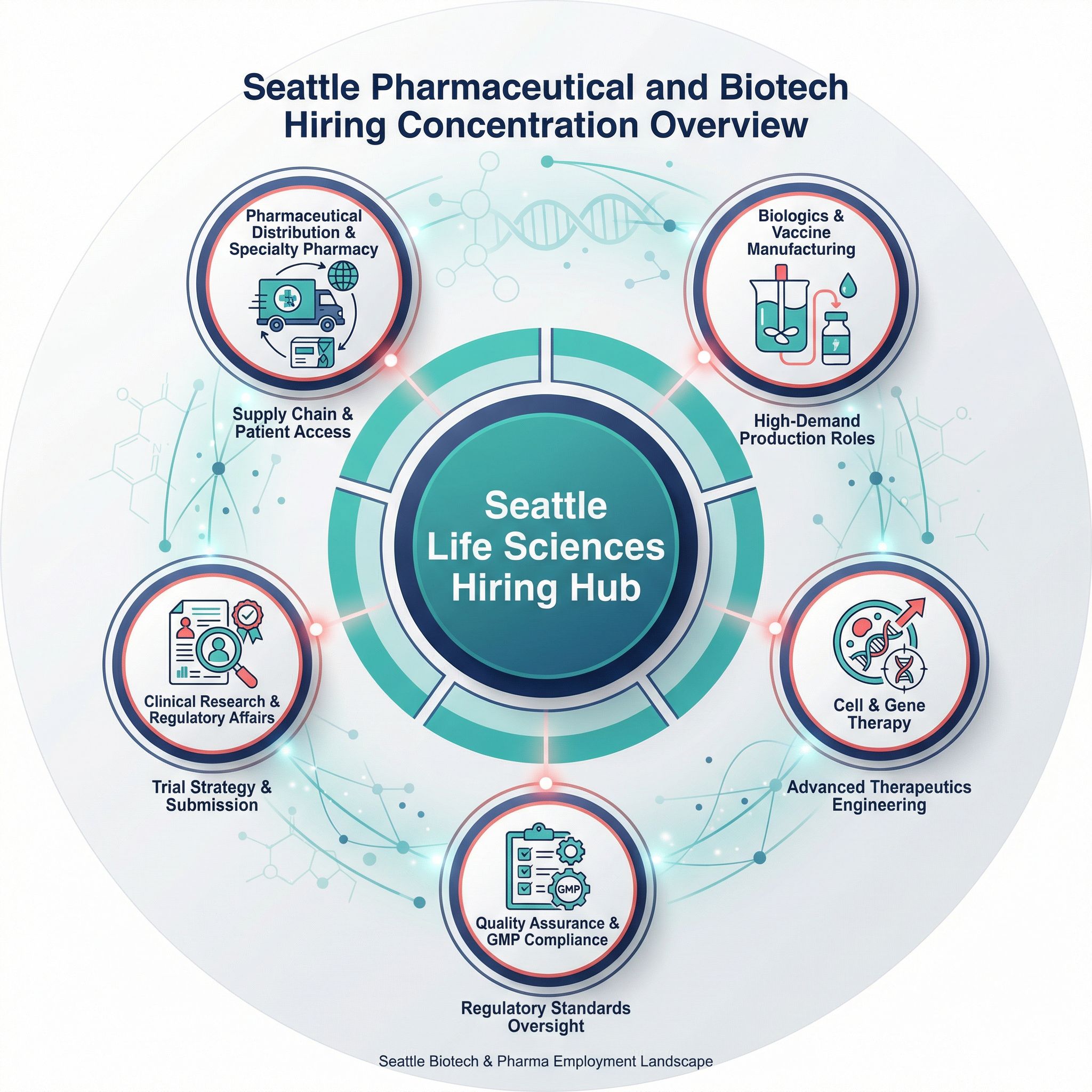 Map showing pharmaceutical companies and biotech hiring concentration in Seattle with focus on GMP manufacturing and oncology clusters.