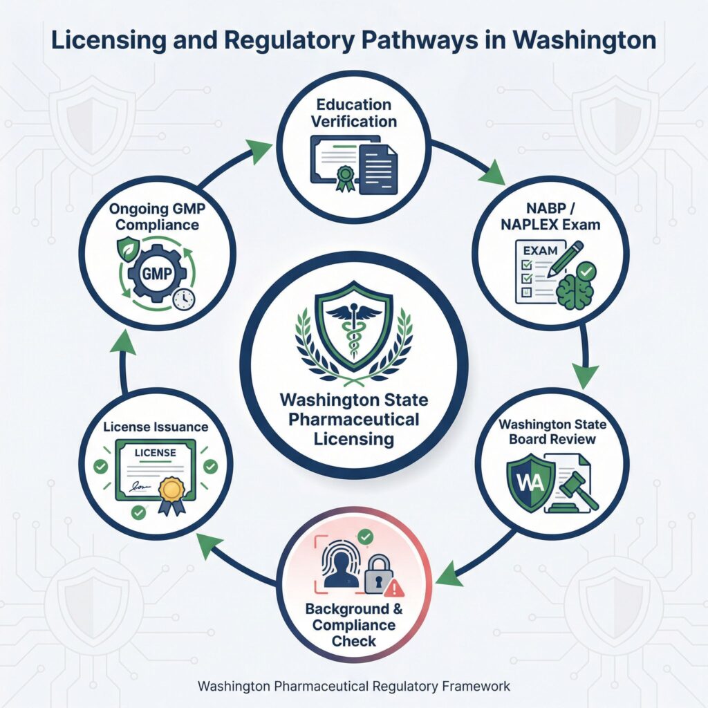 Flowchart showing Washington State Board of Pharmacy licensing process and regulatory requirements for pharmacist and pharmaceutical employment roles.