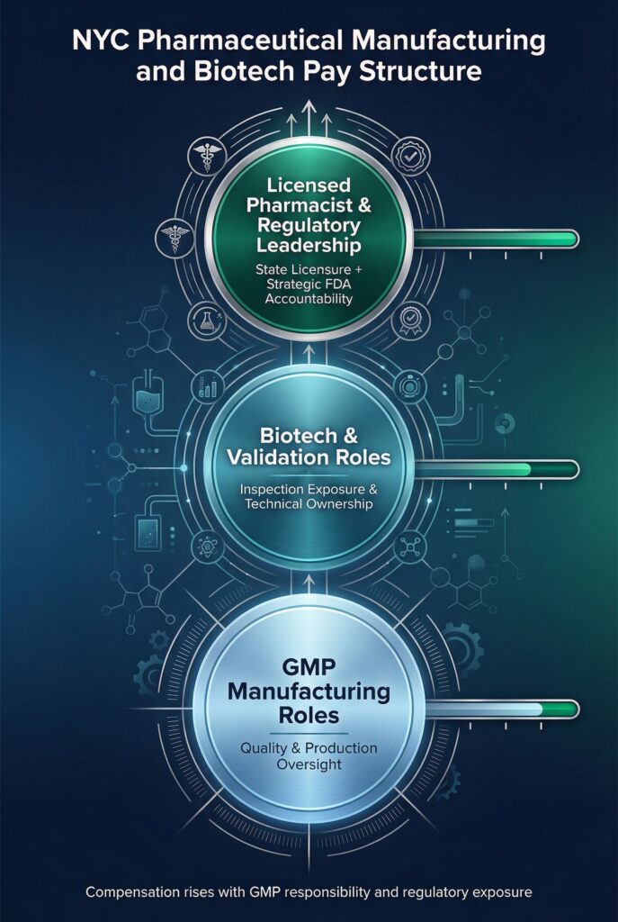 Pharmaceutical manufacturing jobs New York and biotech salary structure influenced by FDA inspection exposure and GMP responsibility.