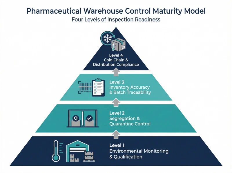 Four-level pharmaceutical warehouse control maturity model showing environmental monitoring, segregation, traceability, and cold chain compliance progression.