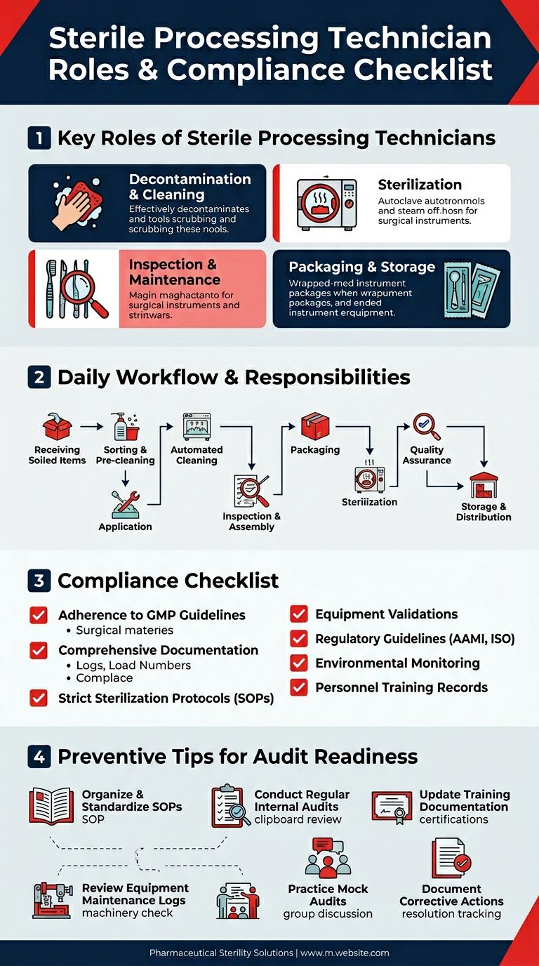 Infographic illustrating key sterile processing technician roles and compliance requirements that influence pharmaceutical inspection outcomes.
