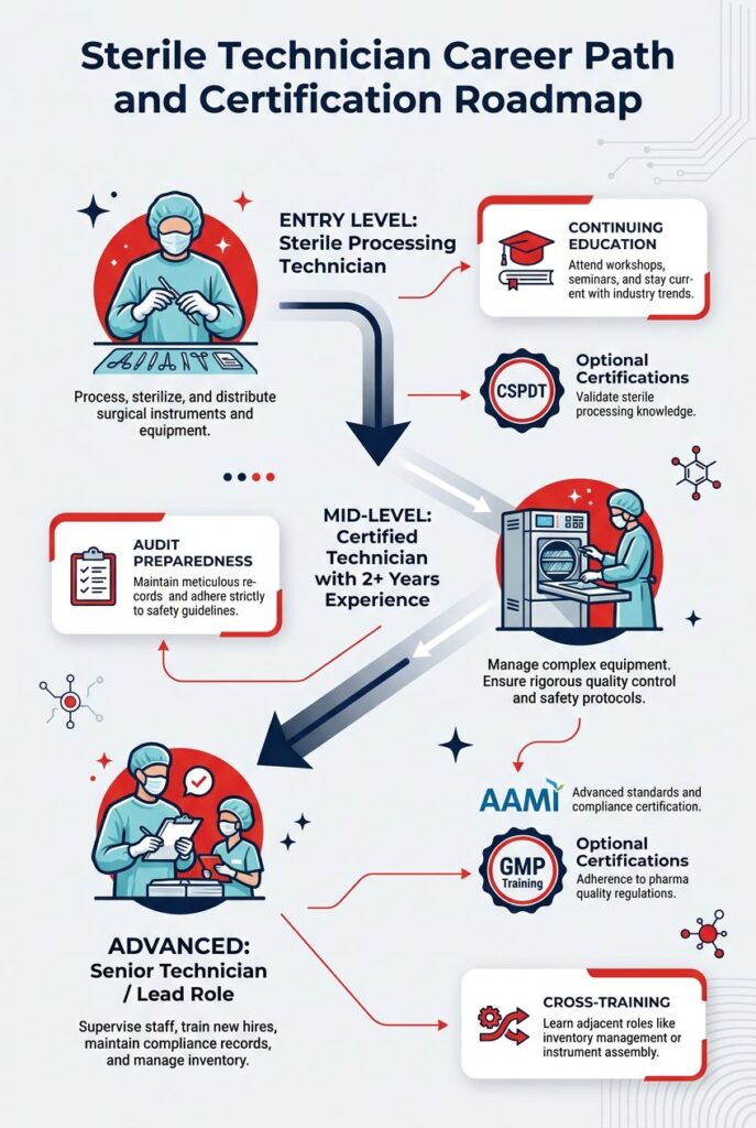 Infographic showing Sterile Technician career stages, required skills, technical competencies, and certification roadmap for advancement in healthcare and pharmaceutical settings