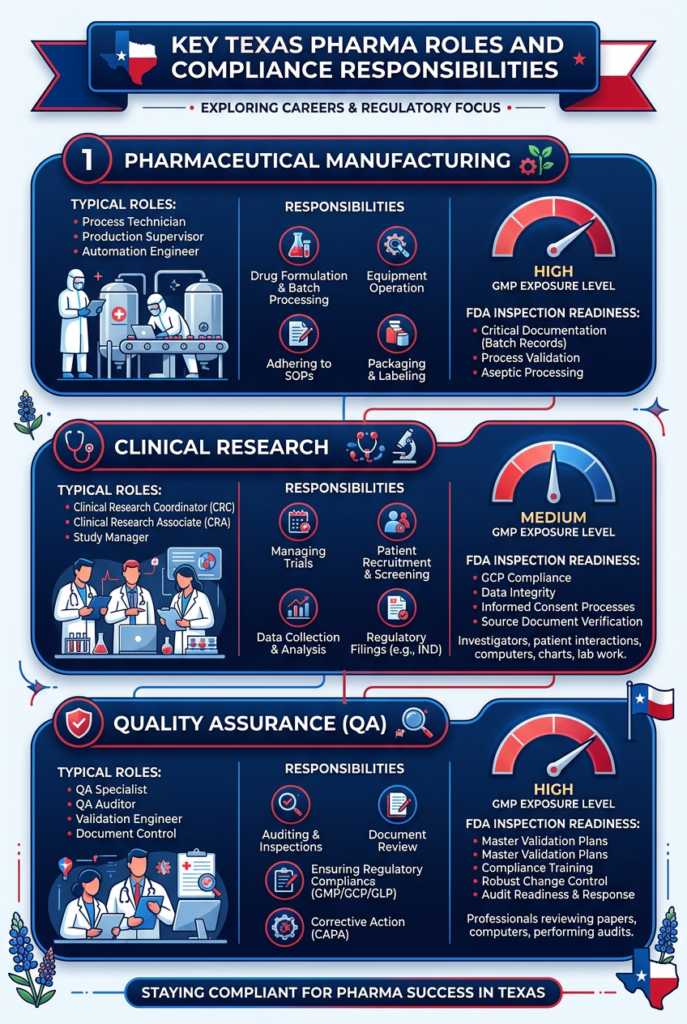 Infographic showing pharmaceutical jobs in Texas, including manufacturing, clinical research, and QA roles, highlighting GMP exposure and regulatory compliance.