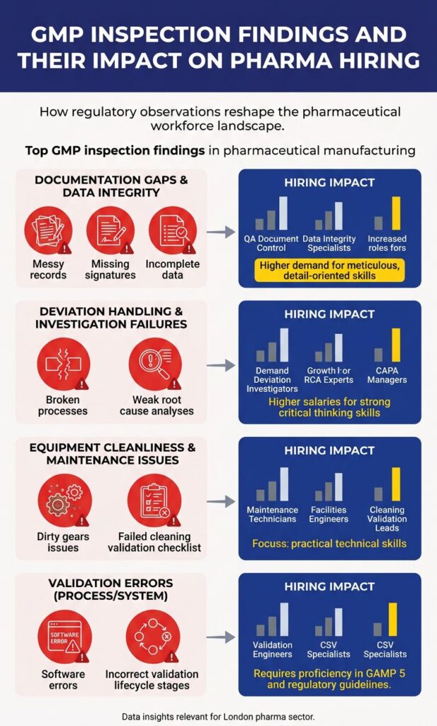 Infographic illustrating impact of GMP inspection findings on pharmaceutical jobs in London including quality assurance hiring, validation engineer demand, and MHRA compliance trends.
