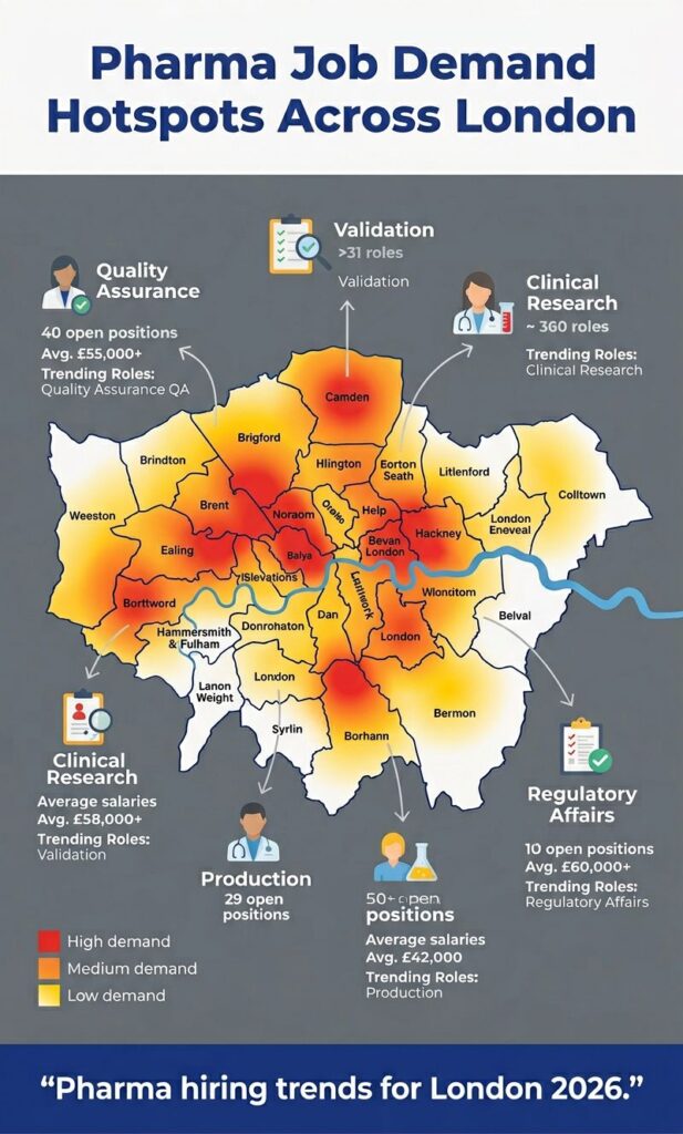 Infographic mapping pharma hiring clusters in London including major companies, research hubs, and compliance-focused job opportunities.