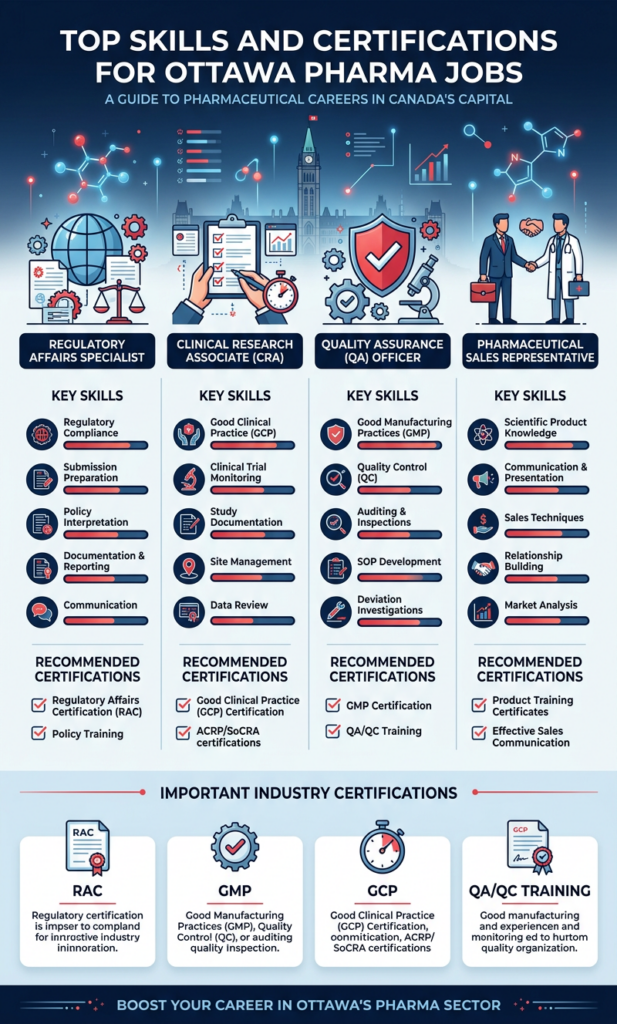 Infographic showing essential GMP, validation, regulatory, and clinical trial skills for pharmaceutical jobs in Ottawa