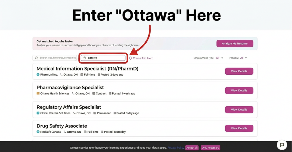 Professional preparing tailored application for Ottawa pharmaceutical jobs, highlighting GMP responsibility, regulatory scope, and pharma job search on PharmUni Jobs platform.