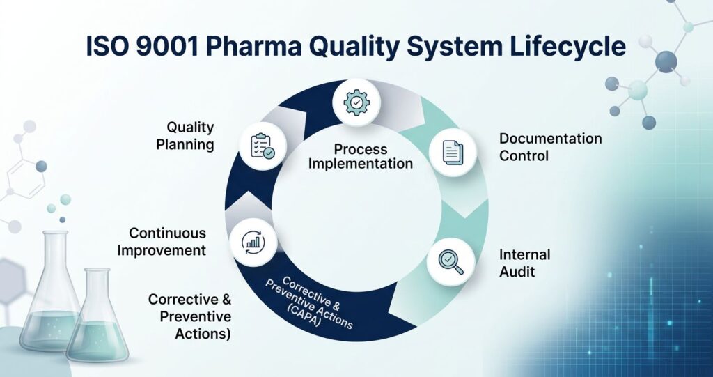 Infographic showing the ISO 9001 pharma quality system lifecycle including quality planning, process implementation, document control, internal audit, CAPA, and continuous improvement within a pharmaceutical quality management system.