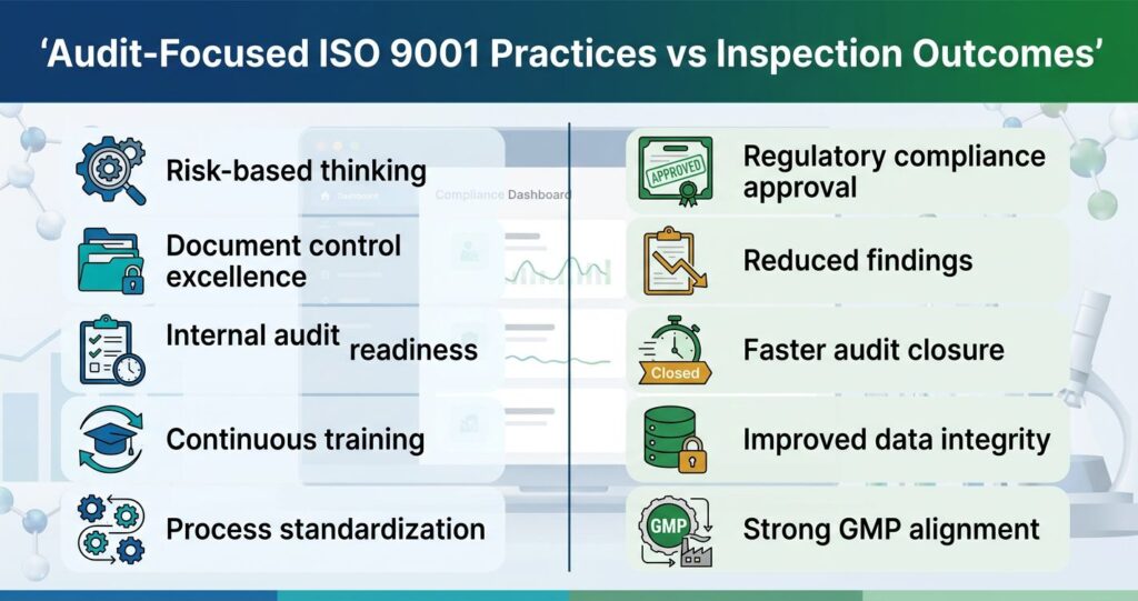 Comparison of ISO 9001 quality system practices in pharma including documentation, risk management, audits, and training mapped against inspection and audit outcomes