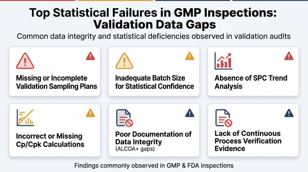 Infographic illustrating top statistical failures in GMP inspections, including validation data gaps, inadequate sampling plans, missing SPC analysis, Cp/Cpk calculation errors, and pharmaceutical data integrity issues in manufacturing processes.