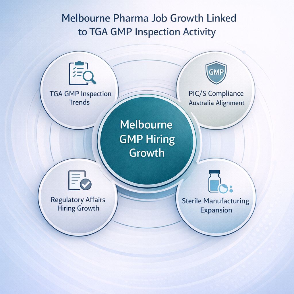 Infographic showing TGA GMP inspection trends driving pharmaceutical manufacturing jobs Victoria and regulatory hiring growth in Melbourne.