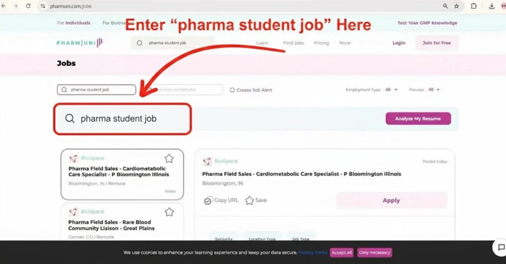 Student using PharmUni job portal on laptop to find pharma internships and entry-level pharmaceutical jobs, highlighting career search in pharma industry.