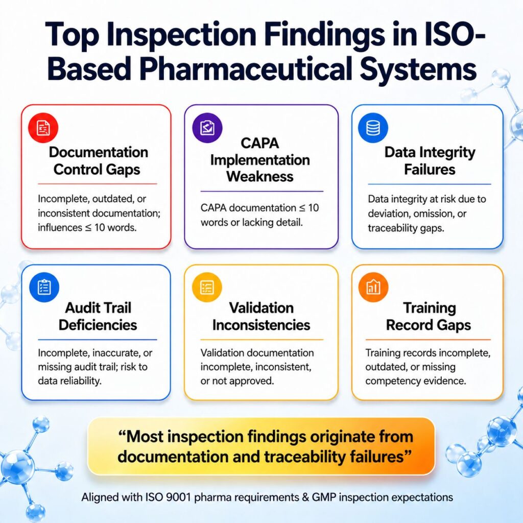 Infographic showing top inspection findings in ISO-based pharmaceutical systems including documentation gaps, CAPA delays, training deficiencies, and validation issues in GMP environments.