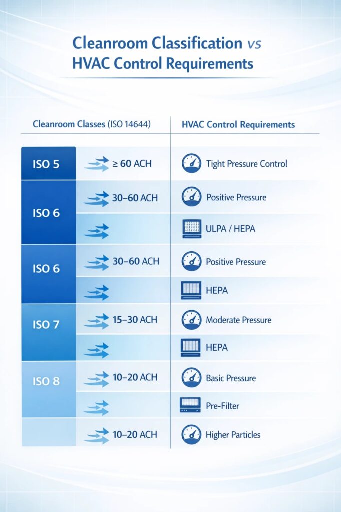 Cleanroom ISO classification levels compared with HVAC airflow, pressure control, and HEPA filtration requirements in pharmaceutical GMP environments