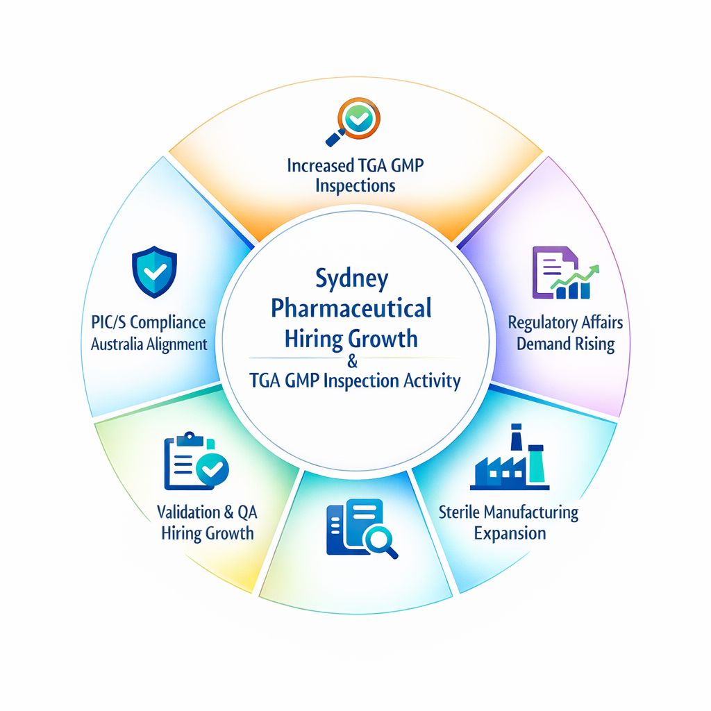 Infographic showing GMP jobs Sydney expansion linked to TGA inspection activity and regulatory hiring across sterile manufacturing Sydney facilities.