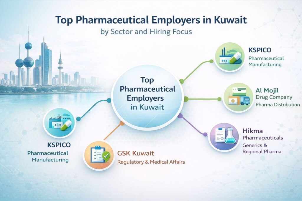 Top pharmaceutical companies offering pharmaceutical jobs in Kuwait across manufacturing, regulatory affairs, and pharma distribution sectors