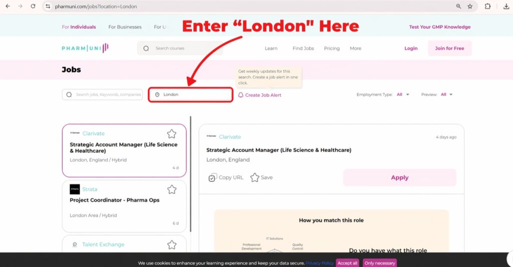 Pharmaceutical job search interface focusing on GMP compliance and regulatory affairs roles in London healthcare industry.