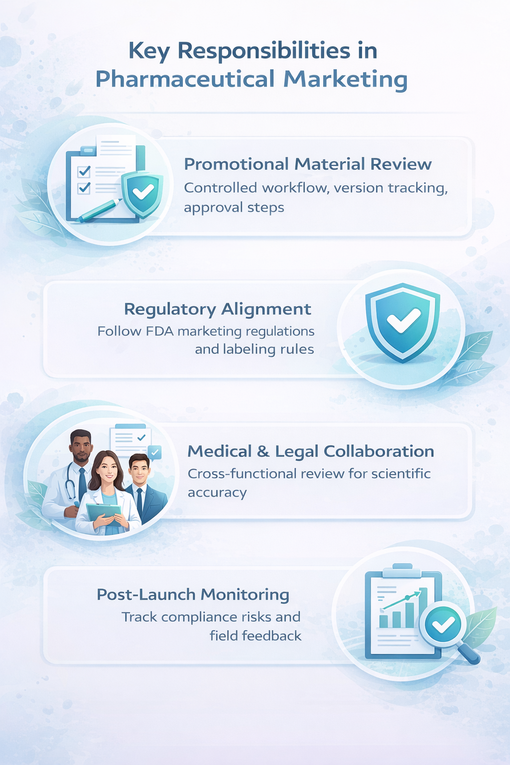 Key responsibilities in pharmaceutical marketing including promotional review, regulatory alignment, medical collaboration, and compliance monitoring