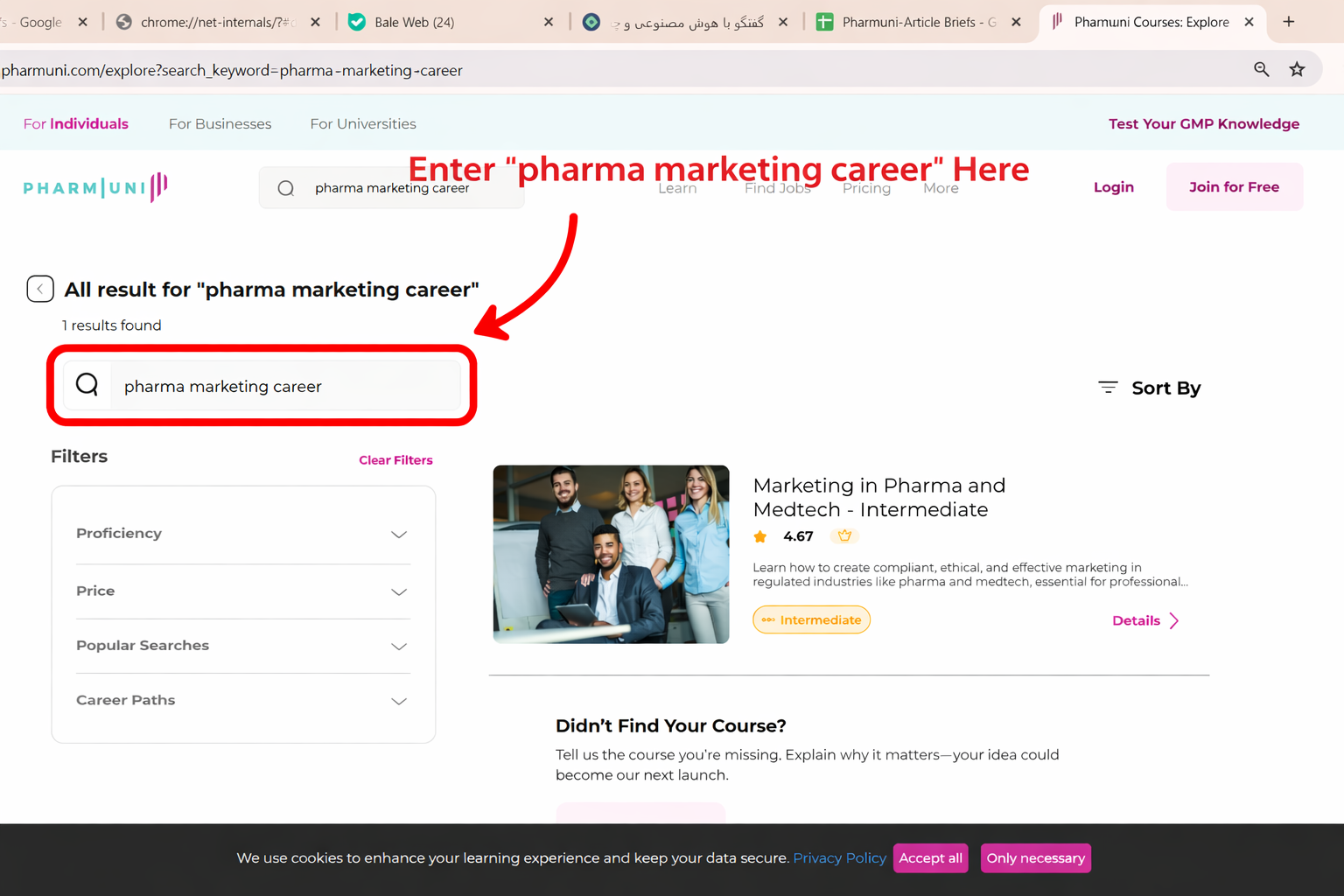 PharmUni pharma jobs platform showing pharma marketing career opportunities, compliance-focused pharmaceutical marketing roles, and job search interface for industry professionals