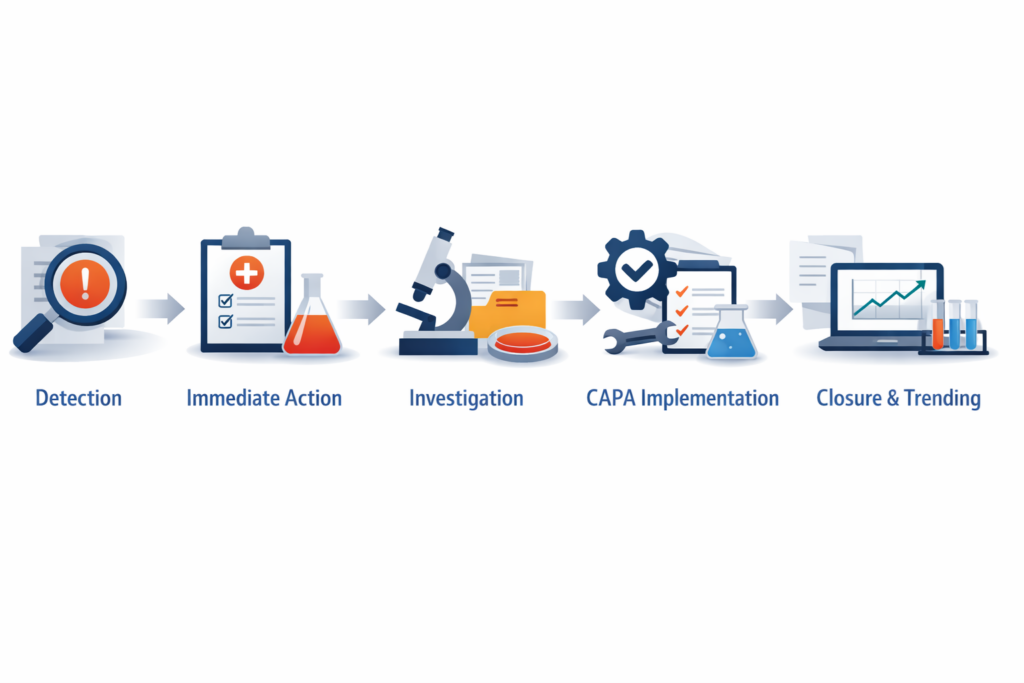 Pharmaceutical deviation management lifecycle showing detection, investigation, CAPA implementation, and quality risk management in GMP environments