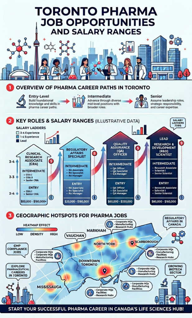 Toronto pharma jobs salary ranges by role including QA, regulatory affairs, clinical research, and production positions.