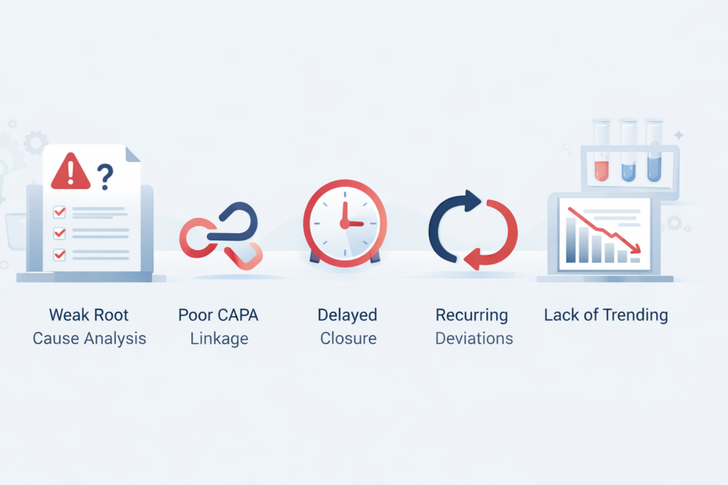 Common GMP inspection findings in pharmaceutical deviation management including root cause gaps, weak CAPA linkage, delayed closure, and recurring deviations