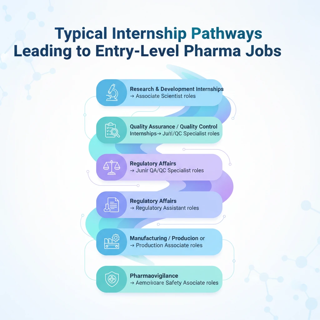 Infographic showing typical pharma student internship roles such as QA intern, production support intern, QC lab trainee, and regulatory documentation assistant in pharmaceutical industry.