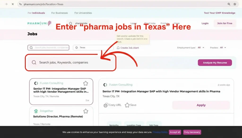 Pharma jobs in Texas filtered by role, company, and sector on PharmUni platform for better career decision making