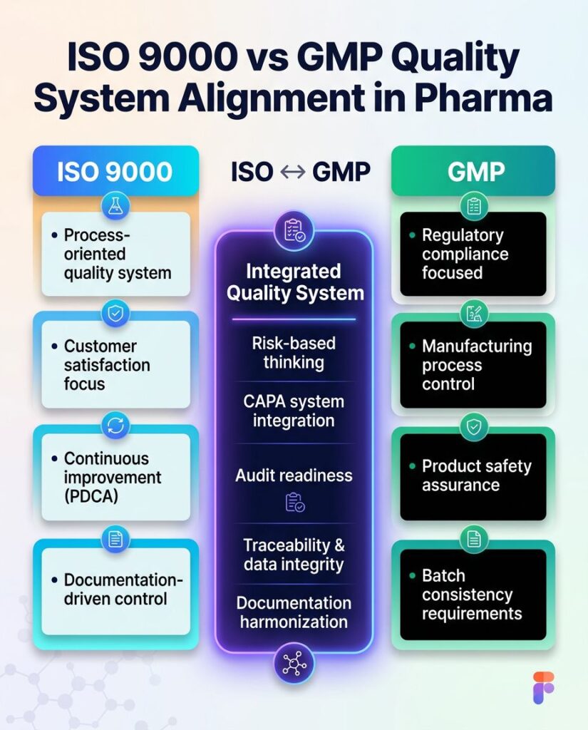 Infographic comparing ISO 9000 principles with GMP quality system requirements in pharma, covering manufacturing, QC laboratory testing, batch release, documentation control, and compliance workflows.