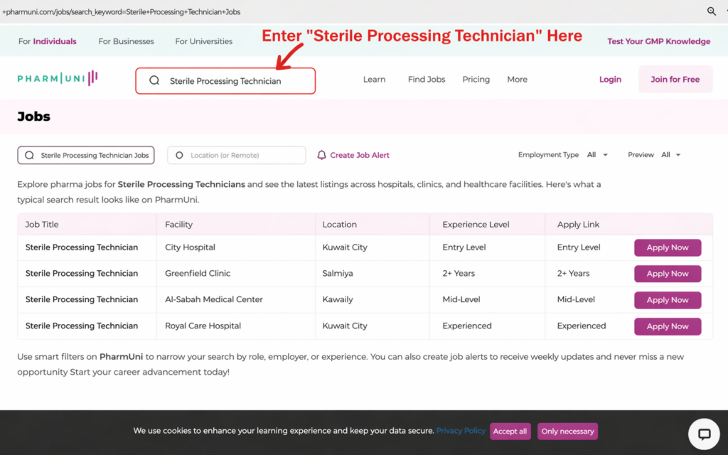 List of latest Sterile Processing Technician jobs in hospitals and healthcare facilities with filters for role, experience level, and hiring organization.