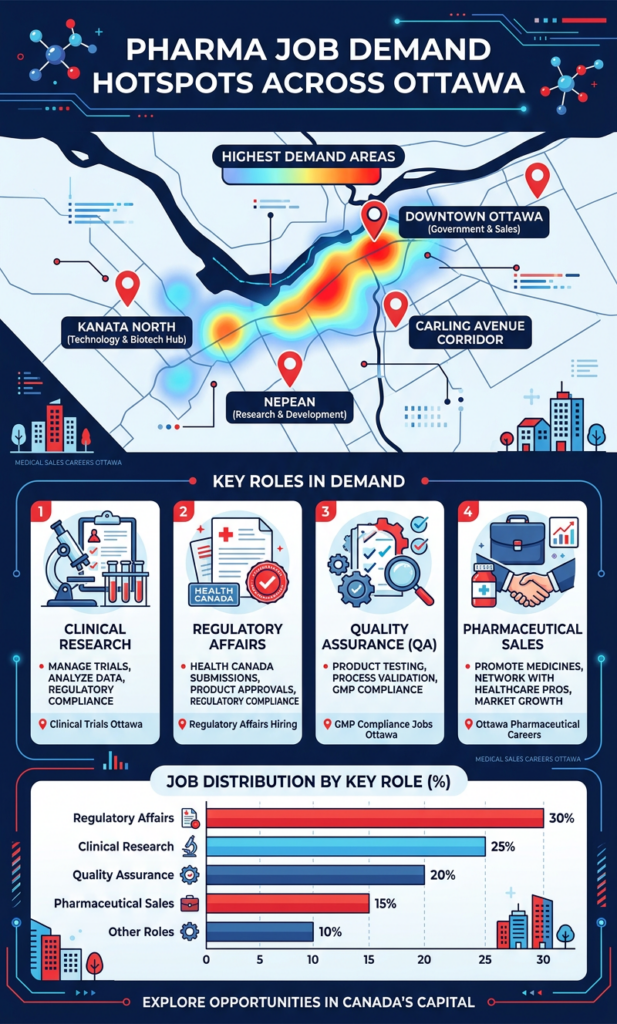 Infographic showing Ottawa’s top pharmaceutical job hotspots and hiring clusters for QA, production, clinical research, and regulatory roles