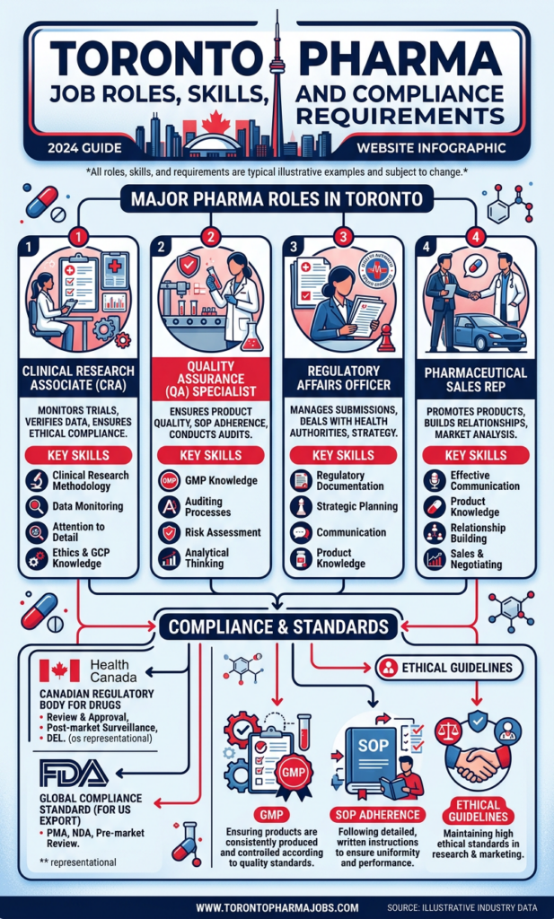 Toronto pharma job roles with required skills, certifications, and GMP compliance knowledge for QA, RA, and clinical research positions.