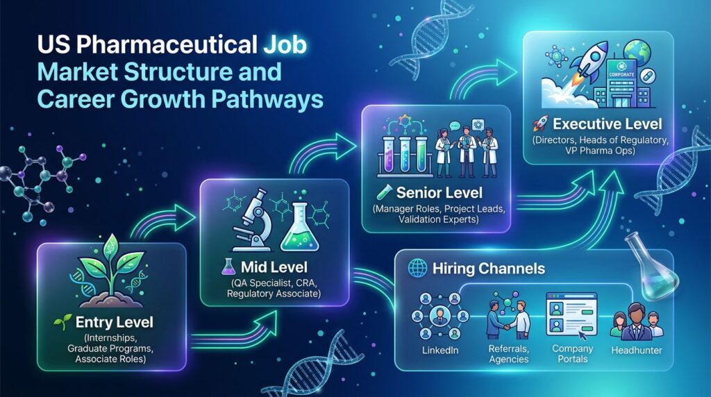 Diagram of US pharma job market structure showing hiring pathways in GMP manufacturing, clinical research, quality assurance, and regulatory affairs roles