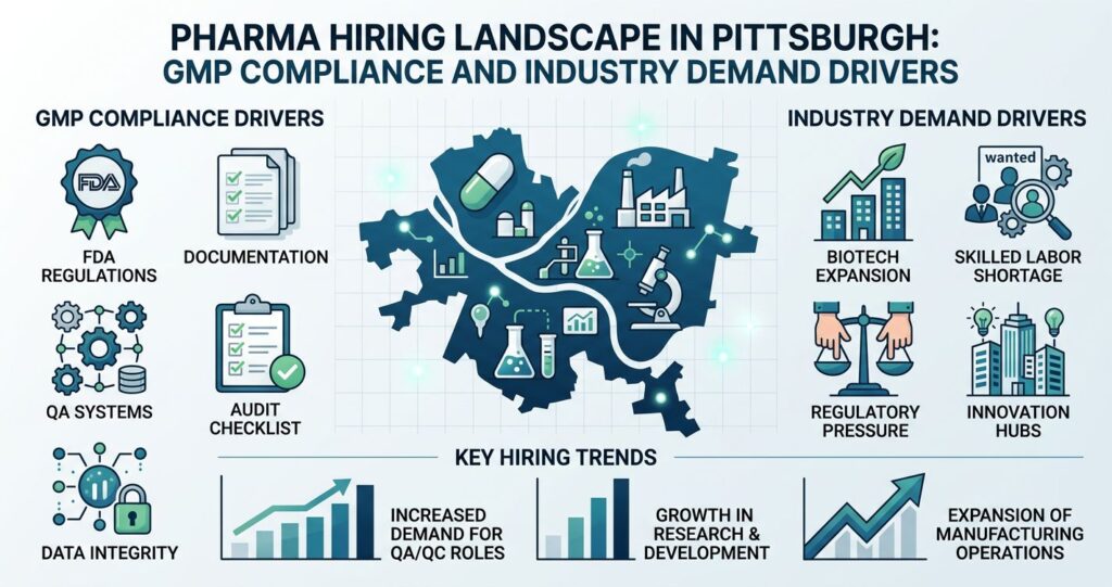 Infographic showing pharmaceutical jobs in Pittsburgh linked to GMP compliance, FDA inspection findings, and QA QC hiring demand.
