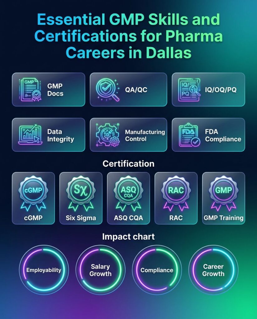 Infographic showing essential GMP skills and certifications for pharmaceutical careers in Dallas including QA QC validation and regulatory affairs roles