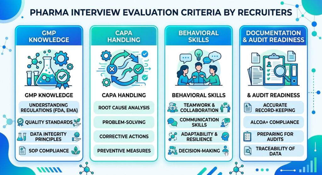 Pharma recruiter evaluation criteria showing GMP knowledge, CAPA handling, behavioral competency, and documentation discipline in pharma job interviews