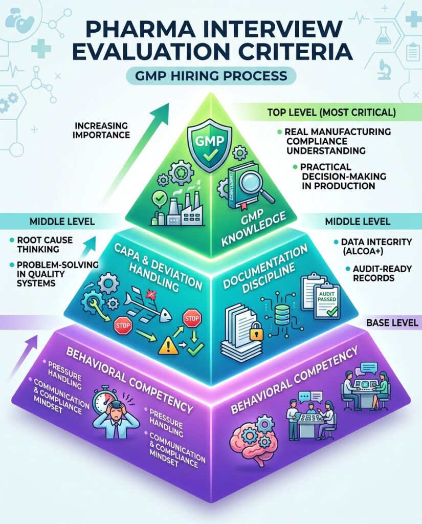Pharma GMP interview evaluation criteria showing recruiter focus on GMP knowledge, CAPA handling, behavioral competency, and documentation discipline in pharmaceutical QA hiring interviews.
