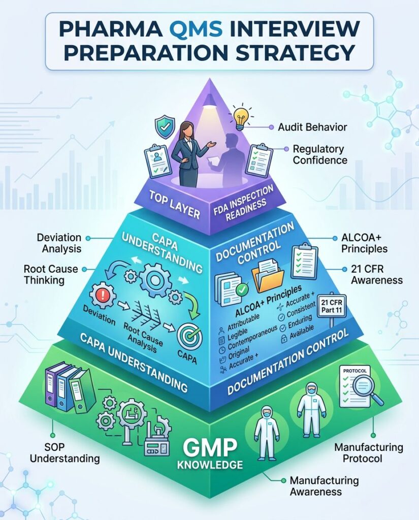 Pharma QMS interview preparation strategy showing GMP knowledge, CAPA understanding, documentation control, and FDA inspection readiness in pharmaceutical QA hiring process.