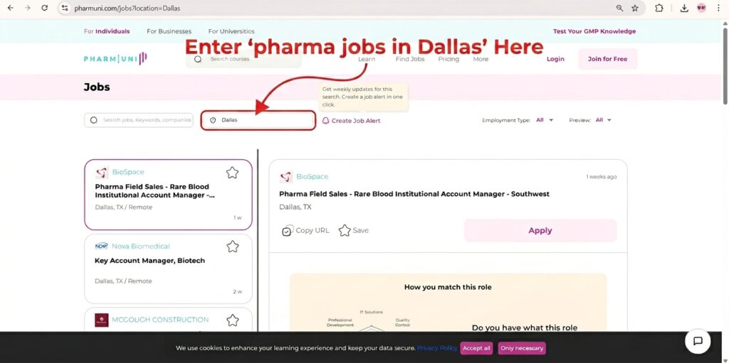 Pharma jobs Dallas evaluation workflow showing GMP compliance roles, QA QC responsibilities, validation lifecycle tasks, and FDA regulatory requirements in pharmaceutical career assessment.