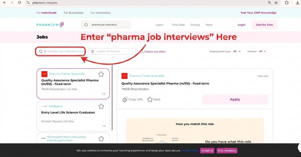 Infographic showing how to evaluate pharma job interview opportunities using GMP experience, QA QC responsibilities, CAPA complexity, validation roles, pharmaceutical employer types, salary expectations, and regulatory compliance focus in pharma careers.