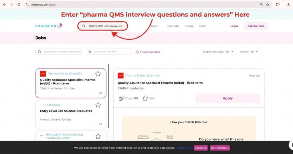 Infographic showing how to evaluate pharma QMS interview preparation resources and QA job opportunities using GMP compliance, CAPA management, deviation handling, and FDA inspection readiness criteria.