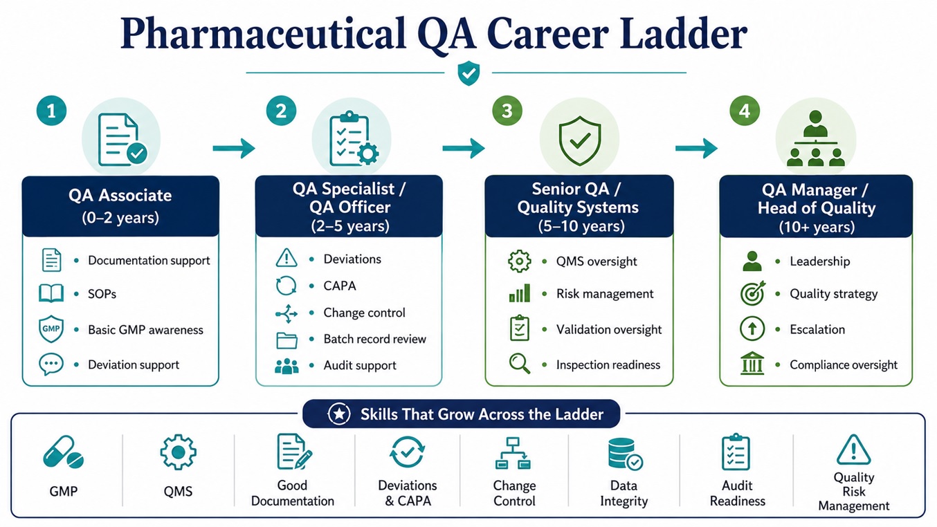 A typical QA pathway moves from controlled execution toward system leadership.