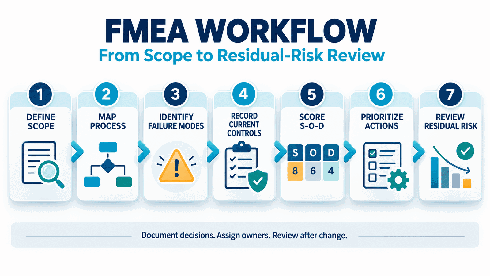 A seven-stage FMEA workflow connects scope definition with residual-risk approval.