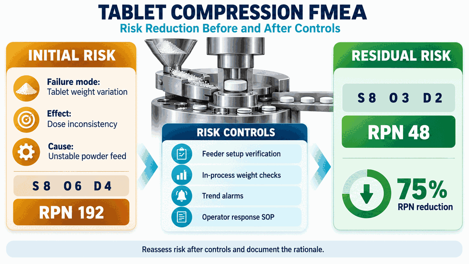 Process controls reduce occurrence and improve detection during tablet compression.
