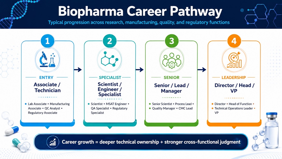 Biopharma careers often progress through deeper technical ownership and broader cross-functional responsibility.