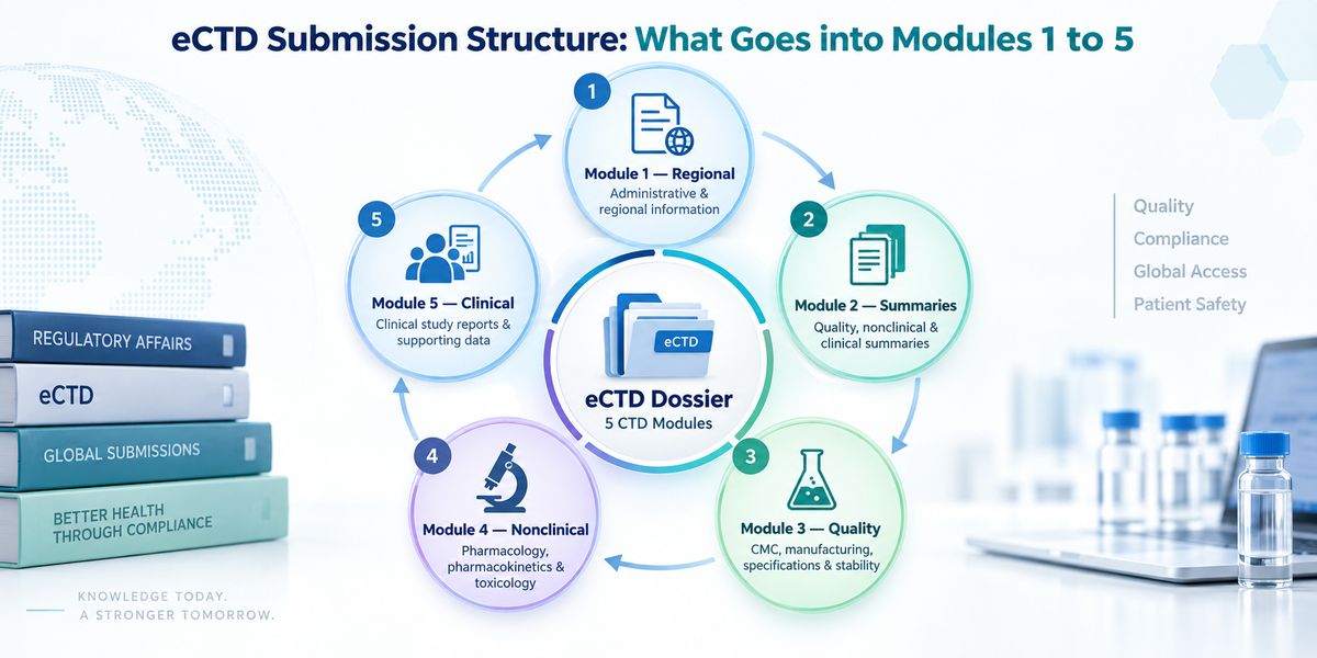 Five CTD modules organized according to key eCTD submission requirements for regulatory dossiers.